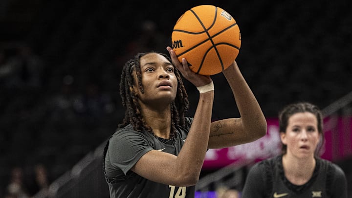 Mar 7, 2025; Kansas City, MO, USA; Colorado Buffaloes forward Jade Masogayo (14) shoots a free throw against the TCU Horned Frogs during the fourth quarter at T-Mobile Center.