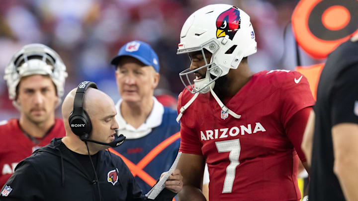 Dec 7, 2025; Glendale, Arizona, USA; Arizona Cardinals offensive coordinator Drew Petzing with quarterback Jacoby Brissett (7) against the Los Angeles Rams at State Farm Stadium. Mandatory Credit: Mark J. Rebilas-Imagn Images