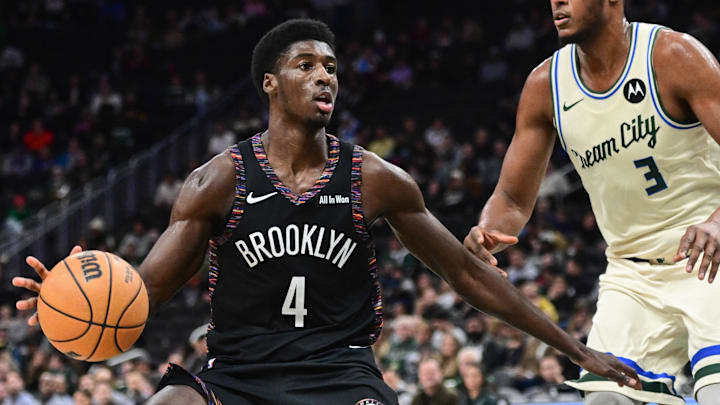 Nov 29, 2025; Milwaukee, Wisconsin, USA; Brooklyn Nets guard Drake Powell (4) looks for a shot against Milwaukee Bucks center Myles Turner (3) in the third quarter at Fiserv Forum. Mandatory Credit: Benny Sieu-Imagn Images Nov 29, 2025; Milwaukee, Wisconsin, USA; Brooklyn Nets guard Drake Powell (4) looks for a shot against Milwaukee Bucks center Myles Turner (3) in the third quarter at Fiserv Forum. Mandatory Credit: Benny Sieu-Imagn Images