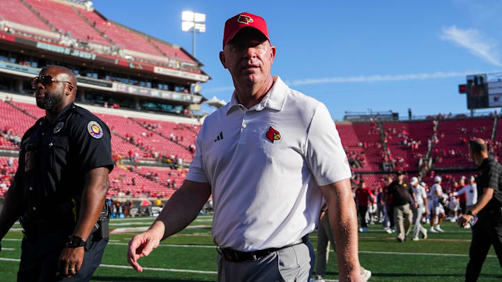 Louisville head football coach Jeff Brohm walks off the field after the Cards' 51-17 win over Eastern Kentucky University at the Cardinals' season opener Saturday, August 30, 2025 at L&N Federal Credit Union Stadium in Louisville, Kentucky.