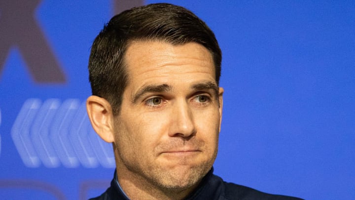 Mar 1, 2022; Indianapolis, IN, USA; New York giants general manager Joe Schoen talks to the media during the 2022 NFL Combine. Mandatory Credit: Trevor Ruszkowski-Imagn Images Mar 1, 2022; Indianapolis, IN, USA; New York giants general manager Joe Schoen talks to the media during the 2022 NFL Combine. Mandatory Credit: Trevor Ruszkowski-Imagn Images