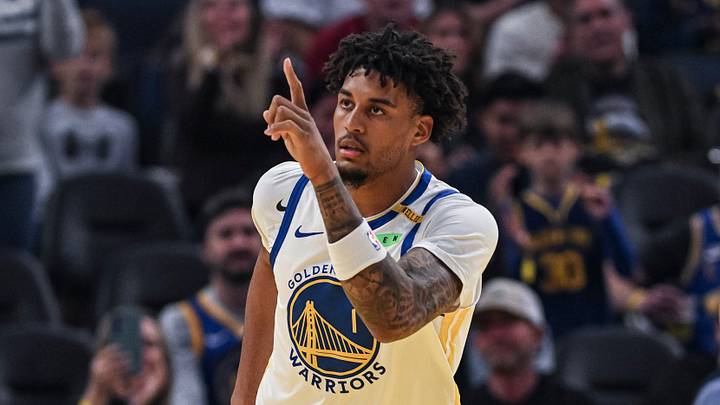 Oct 10, 2026; San Francisco, California, USA;  Golden State Warriors forward Yaxel Lendeborg (1) reacts after a basket during the first quarter against the Sacramento Kings at Chase Center.  Mandatory Credit: Justine Willard-Imagn Images