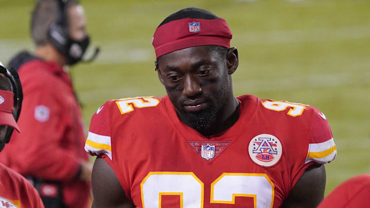 Sep 10, 2020; Kansas City, Missouri, USA; Kansas City Chiefs defensive end Tanoh Kpassagnon (92) on the sidelines during the game against the Houston Texans at Arrowhead Stadium. Mandatory Credit: Denny Medley-Imagn Images