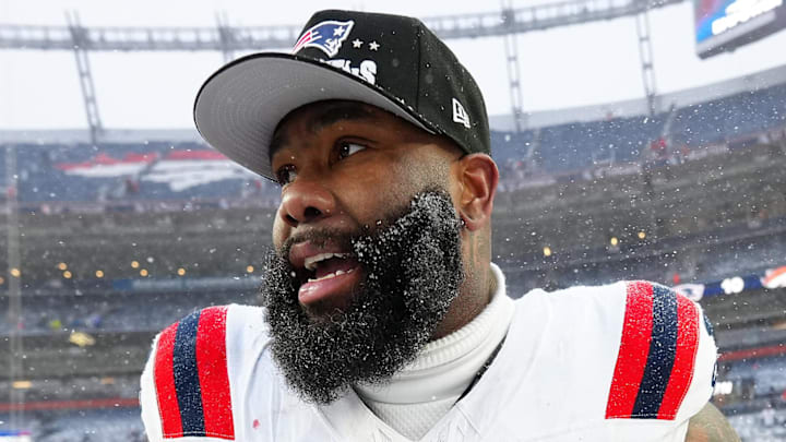 Jan 25, 2026; Denver, CO, USA; New England Patriots offensive tackle Morgan Moses (76) reacts after defeating the Denver Broncos in the 2026 AFC Championship Game at Empower Field at Mile High. Mandatory Credit: Ron Chenoy-Imagn Images