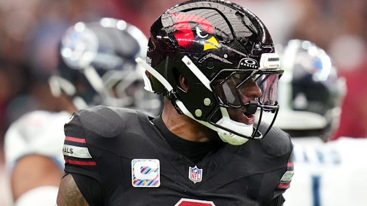 Arizona Cardinals linebacker Mack Wilson Sr. (2) celebrates a defensive stop against the Tennessee Titans at State Farm Stadium in Glendale on Oct. 5, 2025.