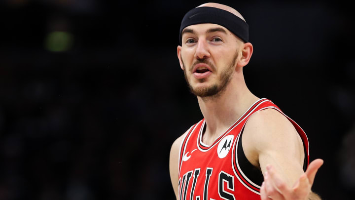 Mar 31, 2024; Minneapolis, Minnesota, USA; Chicago Bulls guard Alex Caruso (6) reacts during the first half against the Minnesota Timberwolves at Target Center. Mandatory Credit: Matt Krohn-USA TODAY Sports