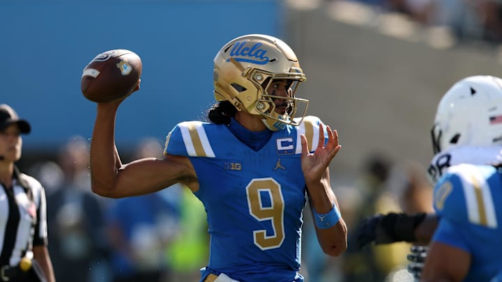 Oct 4, 2025; Pasadena, California, USA; UCLA Bruins quarterback Nico Iamaleava (9) passes the ball during the fourth quarter against the Penn State Nittany Lions at Rose Bowl. Mandatory Credit: Kiyoshi Mio-Imagn Images Oct 4, 2025; Pasadena, California, USA; UCLA Bruins quarterback Nico Iamaleava (9) passes the ball during the fourth quarter against the Penn State Nittany Lions at Rose Bowl. Mandatory Credit: Kiyoshi Mio-Imagn Images