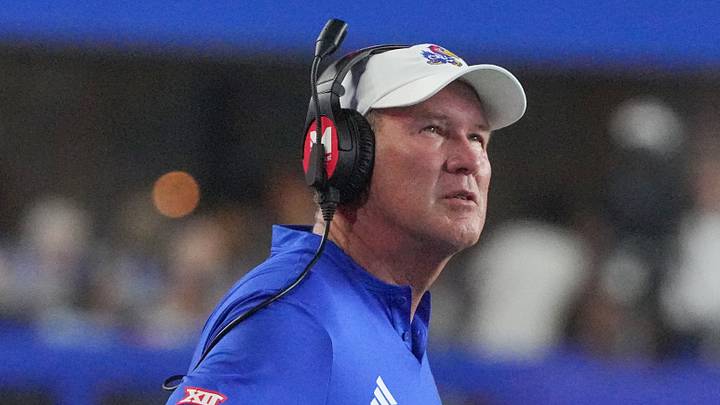 Sep 4, 2026; Lawrence, Kansas, USA; Kansas Jayhawks head coach Lance Leipold watches a replay against the LIU Sharks during the first half at David Booth Kansas Memorial Stadium. Mandatory Credit: Denny Medley-Imagn Images Sep 4, 2026; Lawrence, Kansas, USA; Kansas Jayhawks head coach Lance Leipold watches a replay against the LIU Sharks during the first half at David Booth Kansas Memorial Stadium. Mandatory Credit: Denny Medley-Imagn Images