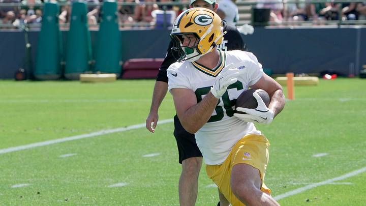 Green Bay Packers tight end Luke Lachey (86) is shown during the first day of training camp Wednesday, July 29, 2026 in Green Bay, Wisconsin. It is the first of three consecutive public practices.