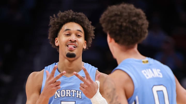 Dec 20, 2025; Atlanta, Georgia, USA; North Carolina Tar Heels guard Seth Trimble (7) celebrates after a basket against the Ohio State Buckeyes in the second half at State Farm Arena. Mandatory Credit: Brett Davis-Imagn Images
