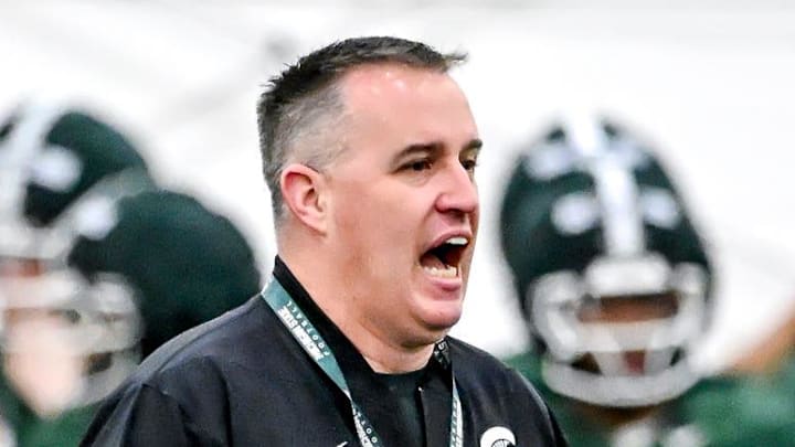 Michigan State's head coach Pat Fitzgerald calls out to players during spring football practice on Tuesday, March 24, 2026, in East Lansing.
