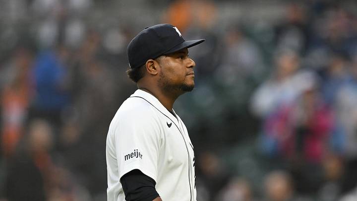 May 5, 2026; Detroit, Michigan, USA; Detroit Tigers starting pitcher Framber Valdez (59) walks off the field after being pulled from the game against the Boston Red Sox in the fourth inning at Comerica Park. Mandatory Credit: Lon Horwedel-Imagn Images