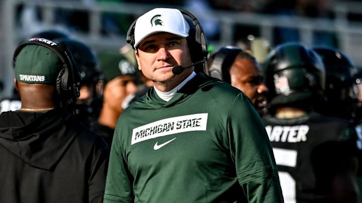 Michigan State's head coach Jonathan Smith looks on form the sideline during the first quarter in the game against Indiana on Saturday, Nov. 2, 2024, at Spartan Stadium in East Lansing.