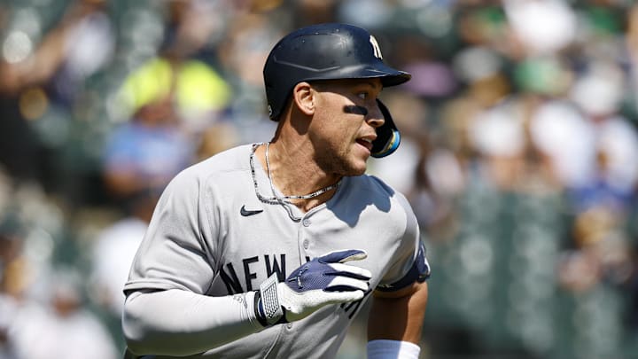 Aug 31, 2025; Chicago, Illinois, USA; New York Yankees designated hitter Aaron Judge (99) rounds the bases after hitting a solo home run against the Chicago White Sox during the first inning at Rate Field. Mandatory Credit: Kamil Krzaczynski-Imagn Images