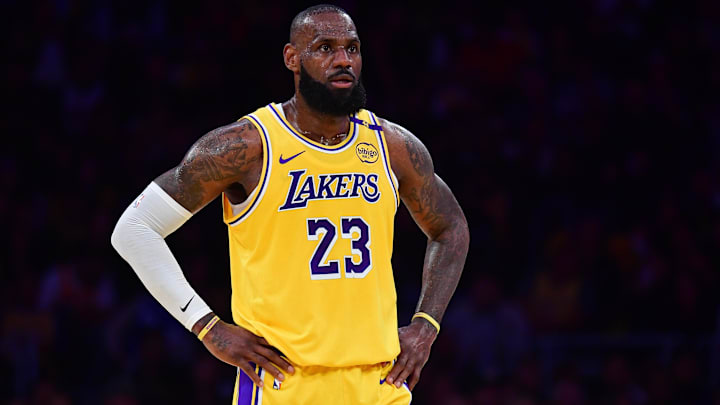 Los Angeles Lakers forward LeBron James (23) reacts during the first half in game five of the first round of the 2025 NBA Playoffs at Crypto.com Arena.