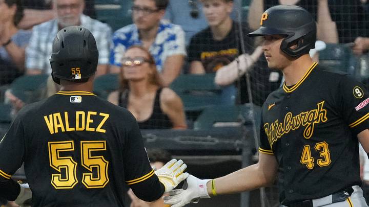 Sep 8, 2026; Chicago, Illinois, USA; Pittsburgh Pirates right fielder Esmerlyn Valdez (55) is greeted by catcher Rafael Flores Jr. (43) after scoring against the Chicago White Sox during the first inning at Rate Field. Mandatory Credit: David Banks-Imagn Images Sep 8, 2026; Chicago, Illinois, USA; Pittsburgh Pirates right fielder Esmerlyn Valdez (55) is greeted by catcher Rafael Flores Jr. (43) after scoring against the Chicago White Sox during the first inning at Rate Field. Mandatory Credit: David Banks-Imagn Images