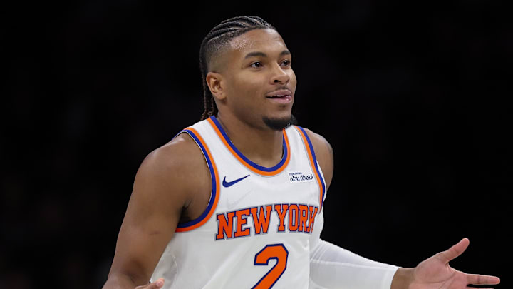 Nov 24, 2025; Brooklyn, New York, USA; New York Knicks guard Miles McBride (2) reacts after a basket against the Brooklyn Nets during the second half at Barclays Center. Mandatory Credit: Vincent Carchietta-Imagn Images Nov 24, 2025; Brooklyn, New York, USA; New York Knicks guard Miles McBride (2) reacts after a basket against the Brooklyn Nets during the second half at Barclays Center. Mandatory Credit: Vincent Carchietta-Imagn Images
