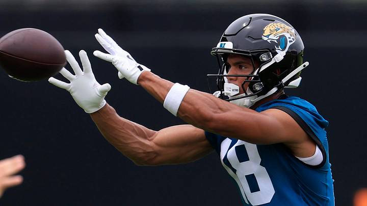 Jacksonville Jaguars wide receiver CJ Williams (18) catches a pass during rookie minicamp at the Miller Electric Center, Saturday, May 9, 2026 in Jacksonville, Fla. Today was the second of a three day camp concluding Sunday.