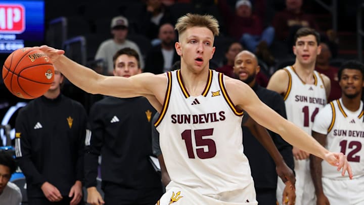 Dec 6, 2025; Phoenix, Arizona, USA; Arizona State University Sun Devils guard Noah Meeusen (15) dribbles the ball against Oklahoma University Sooners at PHX Arena. Mandatory Credit: Anna Carrington-Imagn Images