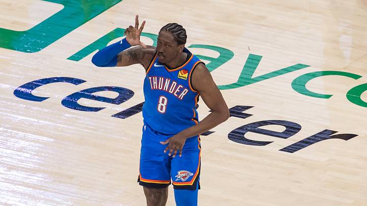 May 18, 2026; Oklahoma City, Oklahoma, USA; Oklahoma City Thunder forward Jalen Williams (8) reacts in double overtime against the San Antonio Spurs during game one of the western conference finals for the 2026 NBA playoffs at Paycom Center. Mandatory Credit: Brett Rojo-Imagn Images