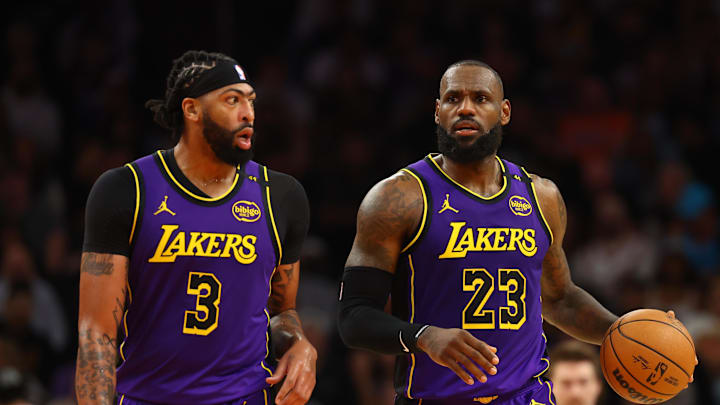 Oct 28, 2024; Phoenix, Arizona, USA; Los Angeles Lakers forward LeBron James (23) and forward Anthony Davis (3) against the Phoenix Suns at Footprint Center. Mandatory Credit: Mark J. Rebilas-Imagn Images Oct 28, 2024; Phoenix, Arizona, USA; Los Angeles Lakers forward LeBron James (23) and forward Anthony Davis (3) against the Phoenix Suns at Footprint Center. Mandatory Credit: Mark J. Rebilas-Imagn Images