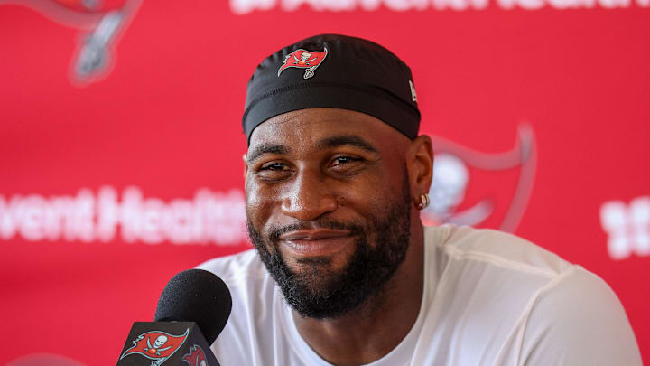Tampa Bay Buccaneers linebacker Haason Reddick (5) talks to media after training camp at AdventHealth Training Center. 