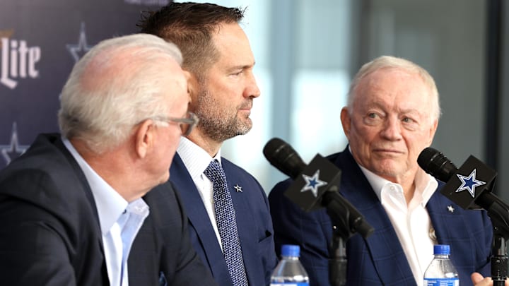 Jan 27, 2025; Frisco, TX, USA;   (L to R) Dallas Cowboys CEO Stephen Jones, head coach Brian Schottenheimer, and owner Jerry Jones speak to the media at a press conference at the Star.  Jan 27, 2025; Frisco, TX, USA;   (L to R) Dallas Cowboys CEO Stephen Jones, head coach Brian Schottenheimer, and owner Jerry Jones speak to the media at a press conference at the Star.