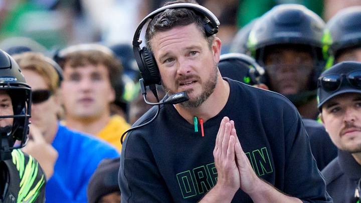Oregon head coach Dan Lanning watches his final kickoff bounce down the sideline as the Oregon Ducks host the UCLA Bruins on Oct. 10, 2026, at Autzen Stadium in Eugene, Oregon. Oregon head coach Dan Lanning watches his final kickoff bounce down the sideline as the Oregon Ducks host the UCLA Bruins on Oct. 10, 2026, at Autzen Stadium in Eugene, Oregon.