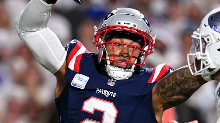 Oct 5, 2025; Orchard Park, New York, USA; New England Patriots linebacker Harold Landry III (2) pressures Buffalo Bills quarterback Josh Allen (17) during the first half at Highmark Stadium. Mandatory Credit: Mark Konezny-Imagn Images