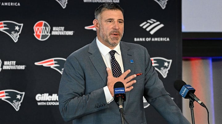 Jan 13, 2025; Foxborough, MA, USA; Mike Vrabel addresses media at a press conference to announce his hiring as the head coach of the New England Patriots at Gillette Stadium. Mandatory Credit: Eric Canha-Imagn Images Jan 13, 2025; Foxborough, MA, USA; Mike Vrabel addresses media at a press conference to announce his hiring as the head coach of the New England Patriots at Gillette Stadium. Mandatory Credit: Eric Canha-Imagn Images