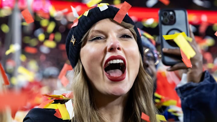 Recording artist Taylor Swift celebrates after the 2024 AFC Championship