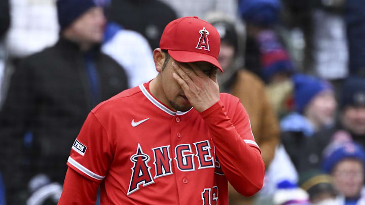Apr 1, 2026; Chicago, Illinois, USA;  Los Angeles Angels pitcher Yusei Kikuchi (16) reacts after the Chicago Cubs scored during the third inning at Wrigley Field. Mandatory Credit: Matt Marton-Imagn Images