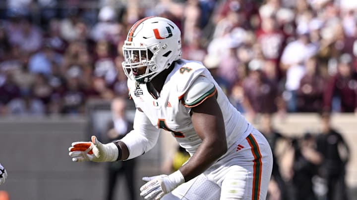 Dec 20, 2025; College Station, TX, USA; Miami Hurricanes defensive lineman Rueben Bain Jr. (4) rushes the line during the game between the Aggies and the Hurricanes at Kyle Field. Mandatory Credit: Jerome Miron-Imagn Images