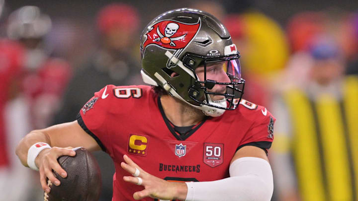 Nov 23, 2025; Inglewood, California, USA; Tampa Bay Buccaneers quarterback Baker Mayfield (6) looks to pass the ball against the Los Angeles Rams during the second quarter at SoFi Stadium. Mandatory Credit: Jayne Kamin-Oncea-Imagn Images