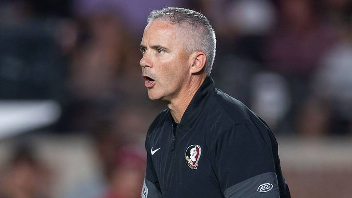 Florida State Seminoles head coach Mike Norvell coaches his players as they warm up after the game was delayed due to a power outage. The SMU Mustangs lead the Florida State Seminoles 17-10 at the end of the first half Monday, Sept. 7, 2026. Florida State Seminoles head coach Mike Norvell coaches his players as they warm up after the game was delayed due to a power outage. The SMU Mustangs lead the Florida State Seminoles 17-10 at the end of the first half Monday, Sept. 7, 2026.