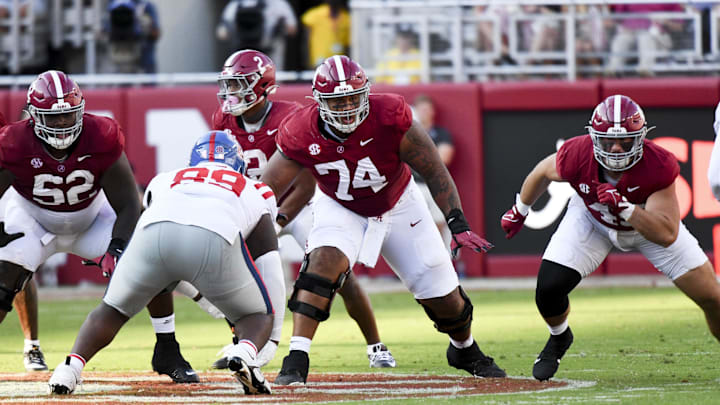 Sep 23, 2023; Tuscaloosa, Alabama, USA;  Alabama Crimson Tide offensive lineman Tyler Booker (52)
