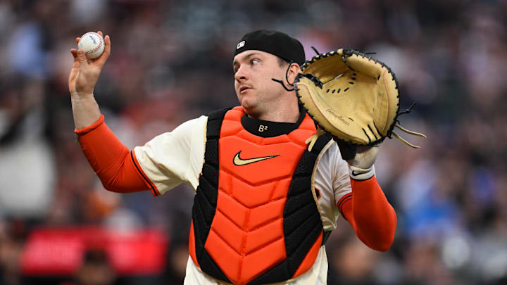 May 1, 2025; San Francisco, California, USA; San Francisco Giants catcher Patrick Bailey (14) reacts after catching a foul ball hit by the Colorado Rockies in the third inning at Oracle Park. Mandatory Credit: Eakin Howard-Imagn Images