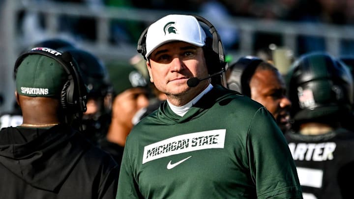 Michigan State's head coach Jonathan Smith looks on form the sideline during the first quarter in the game against Indiana on Saturday, Nov. 2, 2024, at Spartan Stadium in East Lansing.