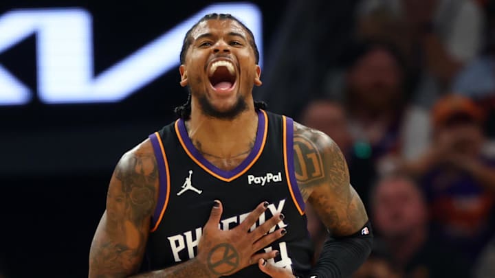 Apr 14, 2026; Phoenix, Arizona, USA; Phoenix Suns guard Jalen Green (4) reacts against the Portland Trail Blazers in the first half during the play-in rounds of the 2026 NBA Playoffs at Mortgage Matchup Center. Mandatory Credit: Mark J. Rebilas-Imagn Images
