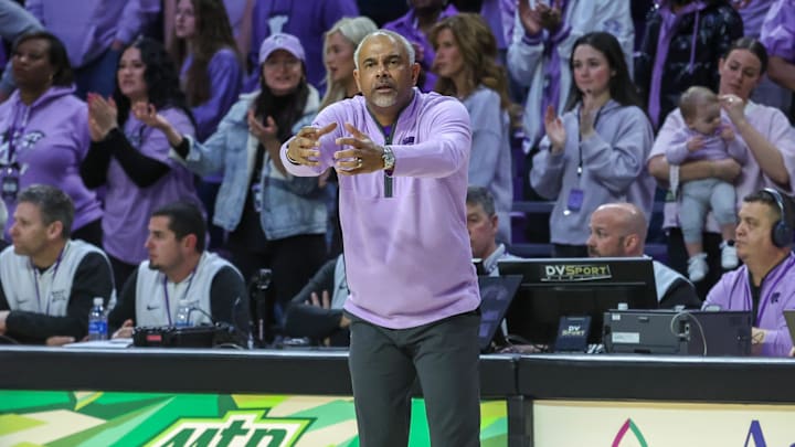 Feb 11, 2025; Manhattan, Kansas, USA; Kansas State Wildcats head coach Jerome Tang questions a call by the official in the second half against the Arizona Wildcats at Bramlage Coliseum. Mandatory Credit: Scott Sewell-Imagn Images Feb 11, 2025; Manhattan, Kansas, USA; Kansas State Wildcats head coach Jerome Tang questions a call by the official in the second half against the Arizona Wildcats at Bramlage Coliseum. Mandatory Credit: Scott Sewell-Imagn Images
