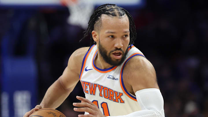 Feb 11, 2026; Philadelphia, Pennsylvania, USA; New York Knicks guard Jalen Brunson (11) drives against the Philadelphia 76ers during the first half at Xfinity Mobile Arena. Mandatory Credit: Bill Streicher-Imagn Images