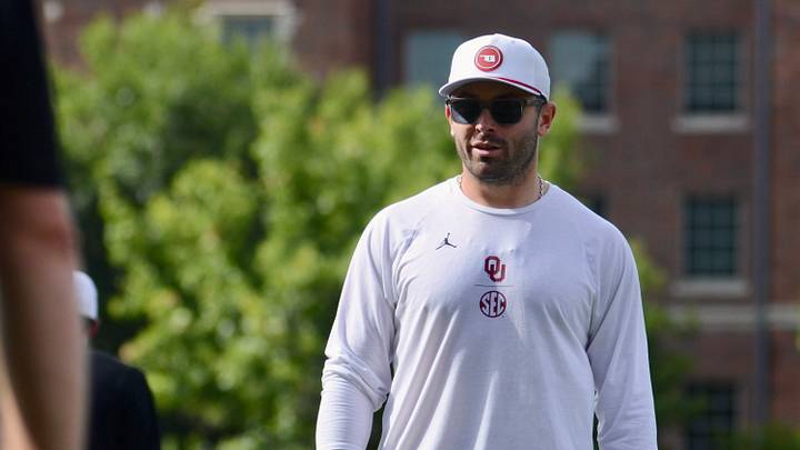 Former Oklahoma quarterback Baker Mayfield oversees a drill at his youth football camp.