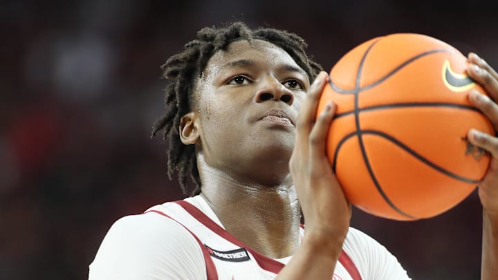 Feb 22, 2025; Fayetteville, Arkansas, USA; Arkansas Razorbacks forward Adou Thiero (3) shoots a free-throw during the second half against the Missouri Tigers at Bud Walton Arena. Mandatory Credit: Nelson Chenault-Imagn Images Feb 22, 2025; Fayetteville, Arkansas, USA; Arkansas Razorbacks forward Adou Thiero (3) shoots a free-throw during the second half against the Missouri Tigers at Bud Walton Arena. Mandatory Credit: Nelson Chenault-Imagn Images