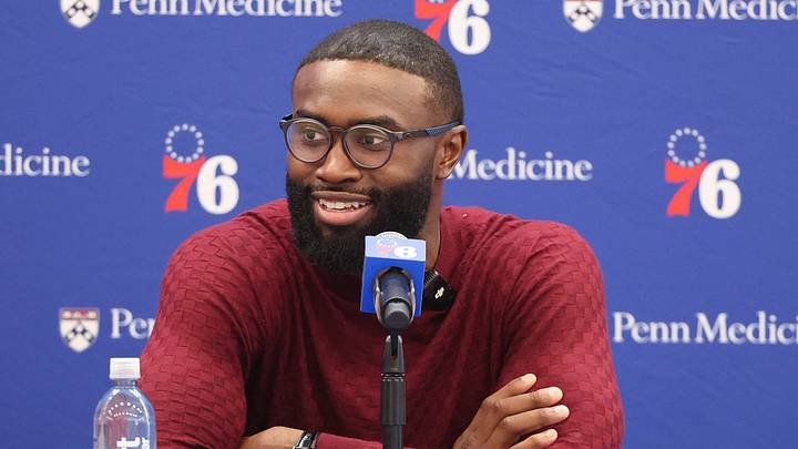 Philadelphia 76ers guard Jaylen Brown speaks with the media during his introductory press conference at the Francis J. Myers Recreation Center on Aug. 9, 2026. Philadelphia 76ers guard Jaylen Brown speaks with the media during his introductory press conference at the Francis J. Myers Recreation Center on Aug. 9, 2026.