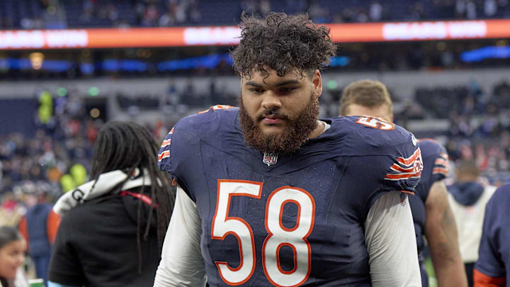 Oct 13, 2024; London, United Kingdom; Chicago Bears offensive tackle Darnell Wright (58) after an NFL International Series game at Tottenham Hotspur Stadium. Mandatory Credit: Peter van den Berg-Imagn Images