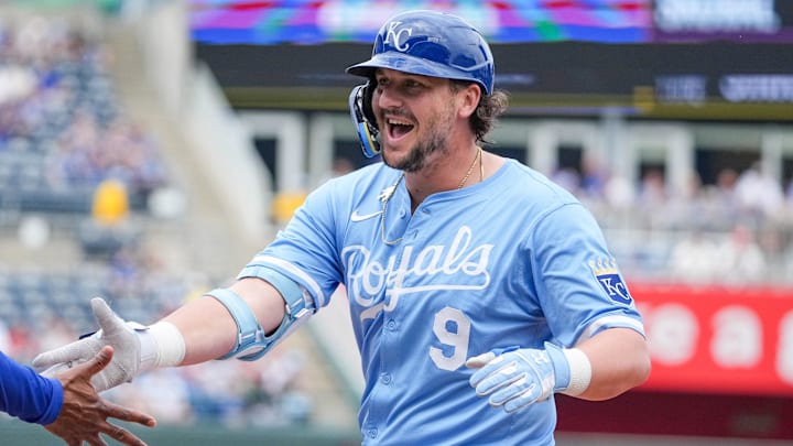 Aug 31, 2025; Kansas City, Missouri, USA; Kansas City Royals first baseman Vinnie Pasquantino (9) celebrates after hitting a single against the Detroit Tigers in the first inning at Kauffman Stadium. Mandatory Credit: Denny Medley-Imagn Images