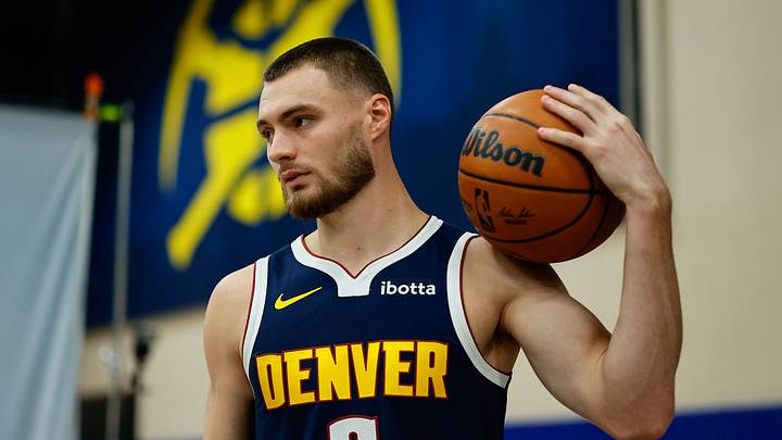 Sep 28, 2026; Denver, CO, USA; Denver Nuggets guard Christian Braun (0) during media day at Ball Arena. Mandatory Credit: Isaiah J. Downing-Imagn Images