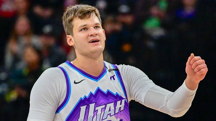 Oct 16, 2025; Salt Lake City, Utah, USA; Utah Jazz center Walker Kessler (24) smiles after making a great play during the first half against the Portland Trail Blazers at Delta Center. Mandatory Credit: Peter Creveling-Imagn Images Oct 16, 2025; Salt Lake City, Utah, USA; Utah Jazz center Walker Kessler (24) smiles after making a great play during the first half against the Portland Trail Blazers at Delta Center. Mandatory Credit: Peter Creveling-Imagn Images