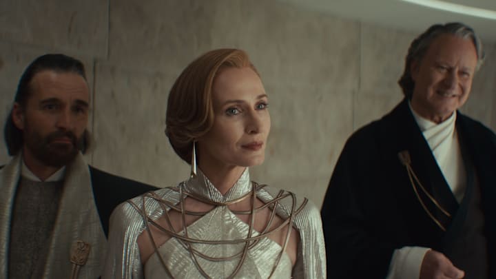 Star Wars (L-R) Perrin Fertha (Allistair Mackenzie), Mon Mothma (Genevieve O'Reilly) and Luthen Rael (Stellan Skarsgård) in Lucasfilm's ANDOR Season 2, exclusively on Disney+. Photo courtesy of Lucasfilm. ©2025 Lucasfilm Ltd. & TM. All Rights Reserved.