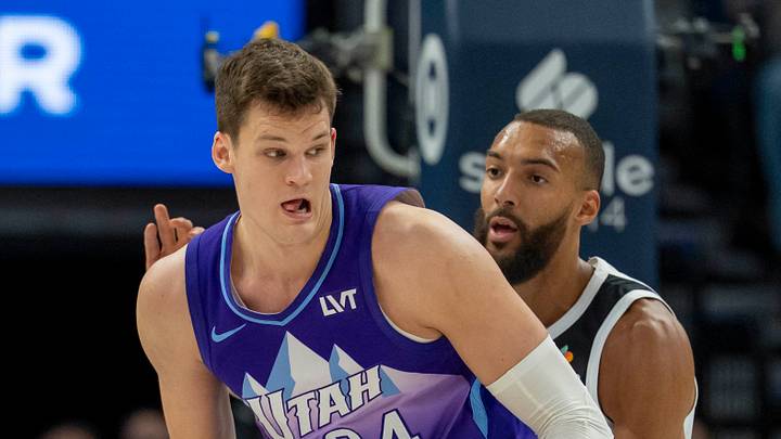 Mar 16, 2025; Minneapolis, Minnesota, USA; Utah Jazz center Walker Kessler (24) backs towards the basket as Minnesota Timberwolves center Rudy Gobert (27) plays defense in the first half at Target Center. Mandatory Credit: Jesse Johnson-Imagn Images Mar 16, 2025; Minneapolis, Minnesota, USA; Utah Jazz center Walker Kessler (24) backs towards the basket as Minnesota Timberwolves center Rudy Gobert (27) plays defense in the first half at Target Center. Mandatory Credit: Jesse Johnson-Imagn Images